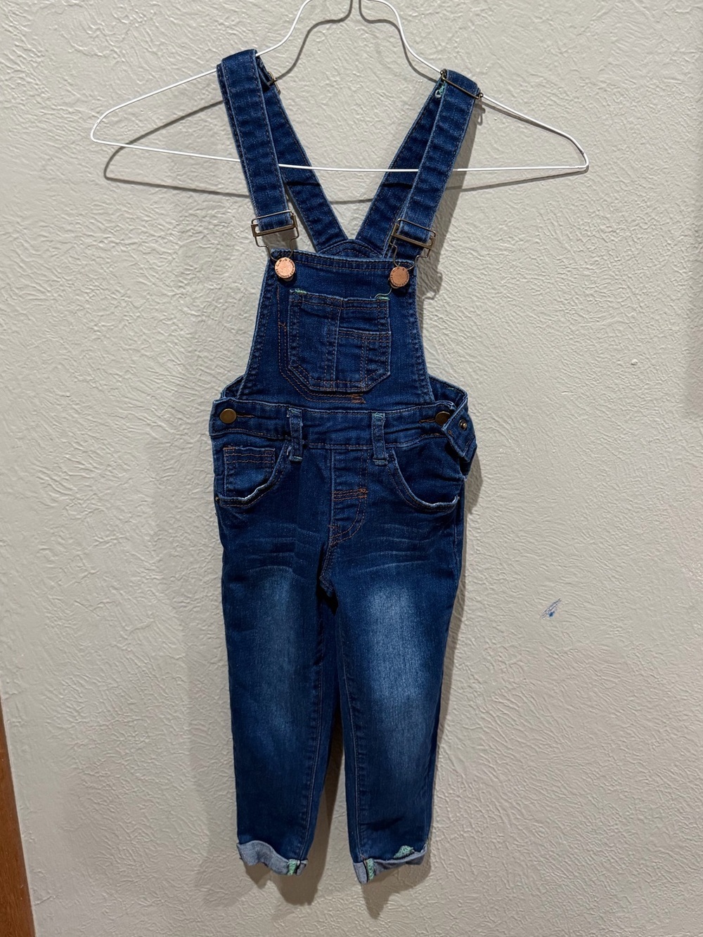 Kids Denim Overalls - Blue Adjustable Straps Green Stitching Size 2 EUC